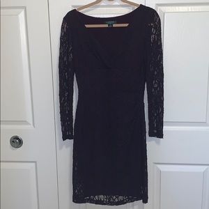 Lauren Ralph Lauren Plum Purple Lace V-Neck Long-Sleeve Cocktail Dress